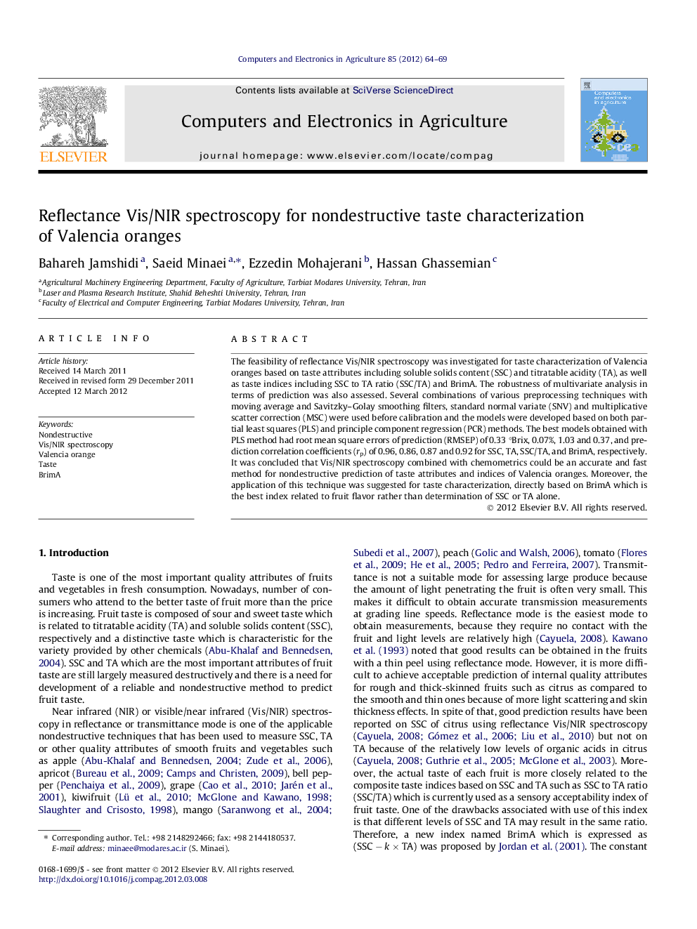 Reflectance Vis/NIR spectroscopy for nondestructive taste characterization of Valencia oranges