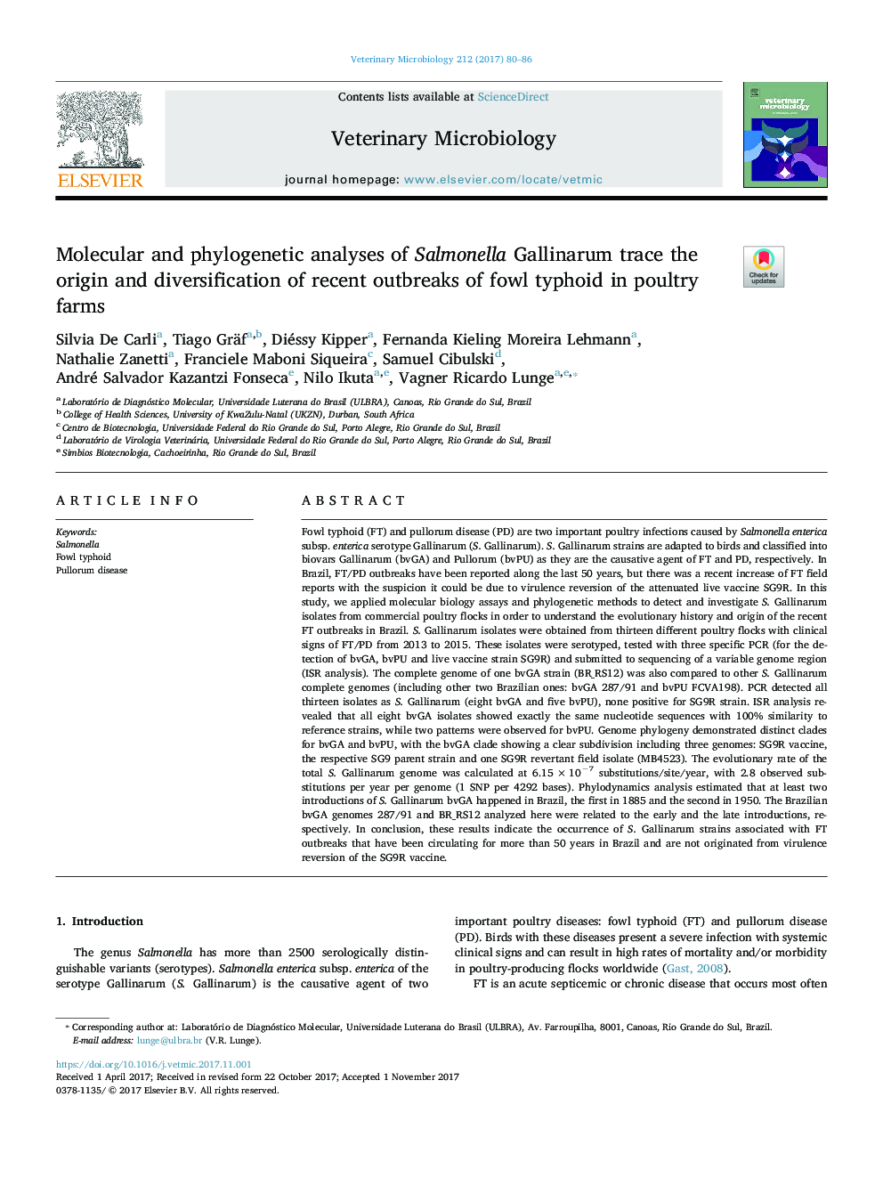 Molecular and phylogenetic analyses of Salmonella Gallinarum trace the origin and diversification of recent outbreaks of fowl typhoid in poultry farms