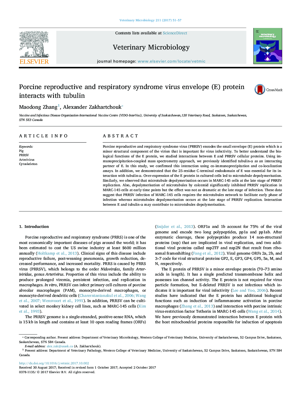 Porcine reproductive and respiratory syndrome virus envelope (E) protein interacts with tubulin