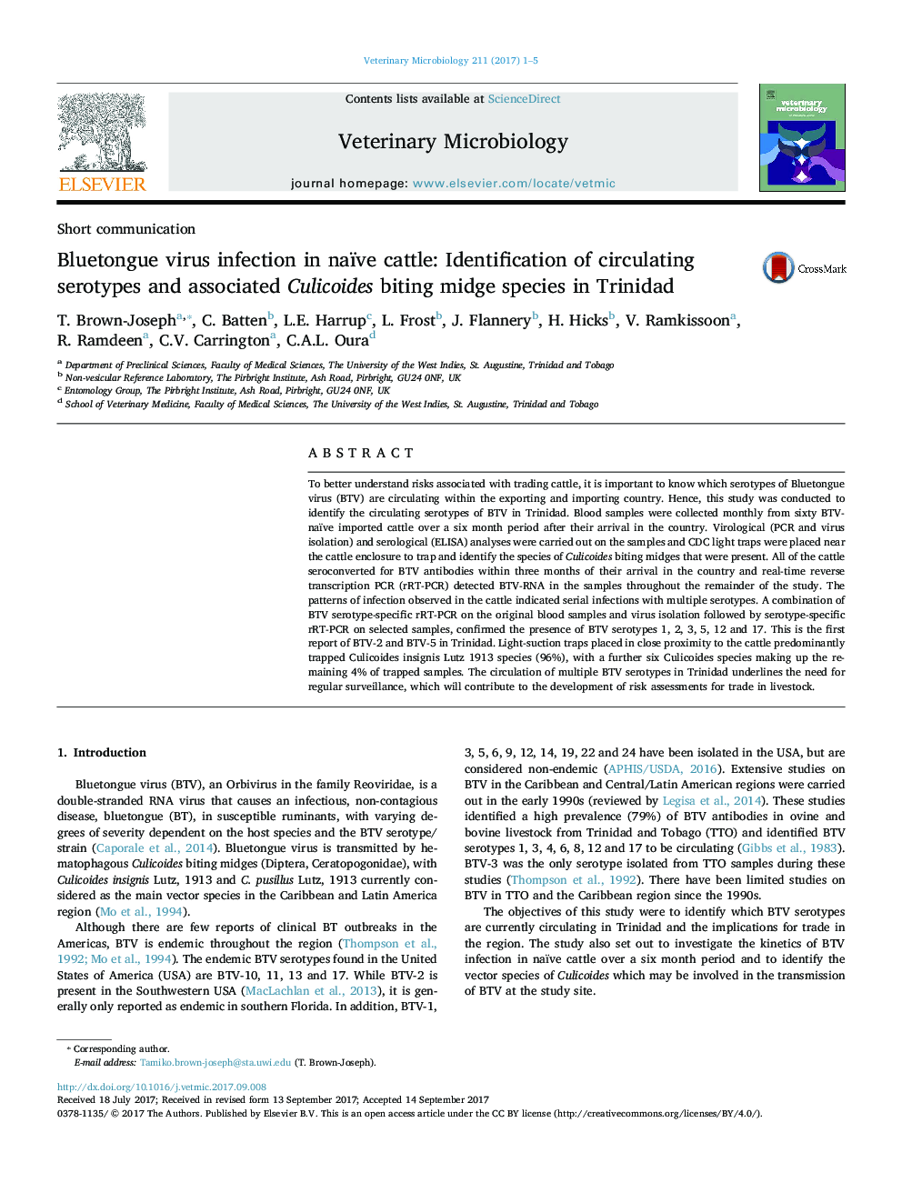 Bluetongue virus infection in naïve cattle: Identification of circulating serotypes and associated Culicoides biting midge species in Trinidad