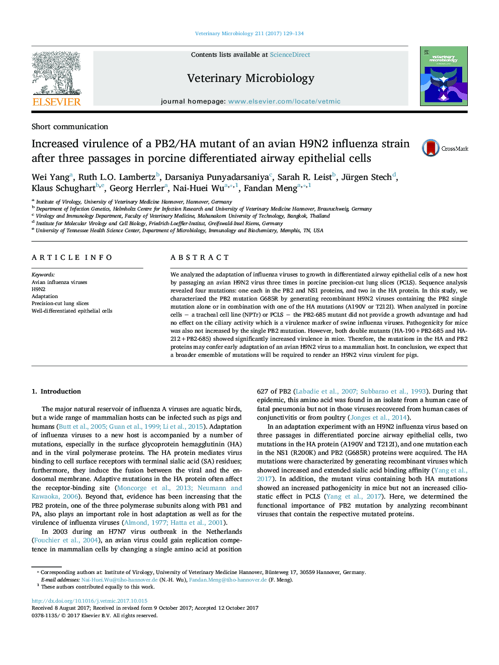 Increased virulence of a PB2/HA mutant of an avian H9N2 influenza strain after three passages in porcine differentiated airway epithelial cells