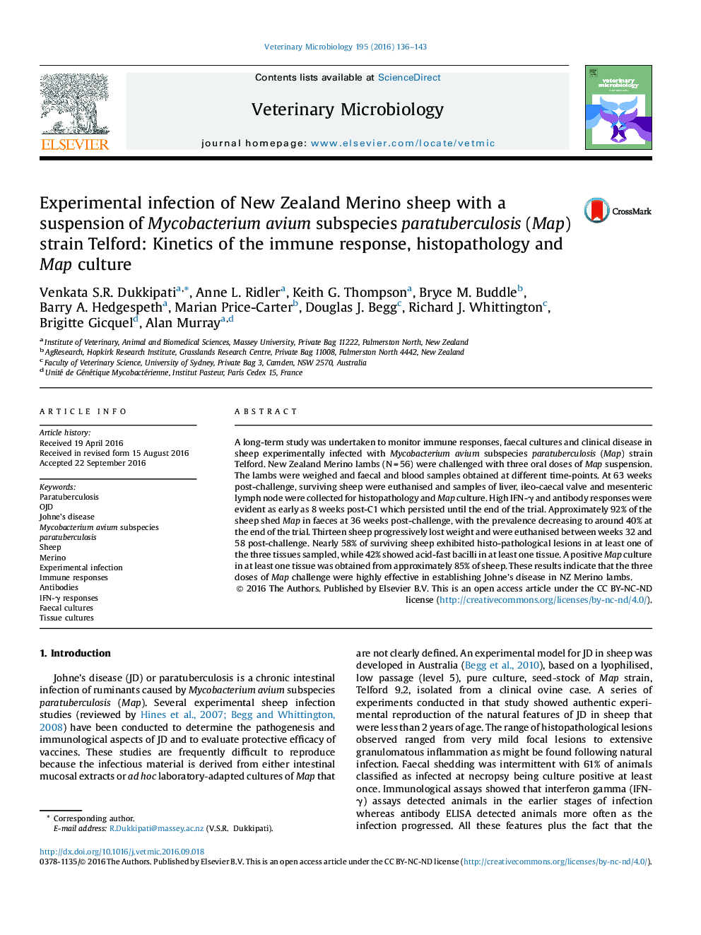 Experimental infection of New Zealand Merino sheep with a suspension of Mycobacterium avium subspecies paratuberculosis (Map) strain Telford: Kinetics of the immune response, histopathology and Map culture