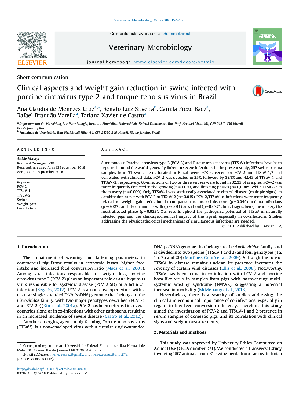 Clinical aspects and weight gain reduction in swine infected with porcine circovirus type 2 and torque teno sus virus in Brazil