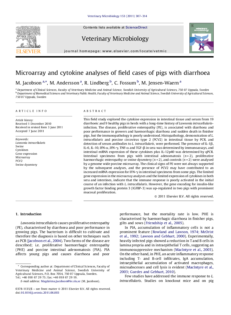 Microarray and cytokine analyses of field cases of pigs with diarrhoea