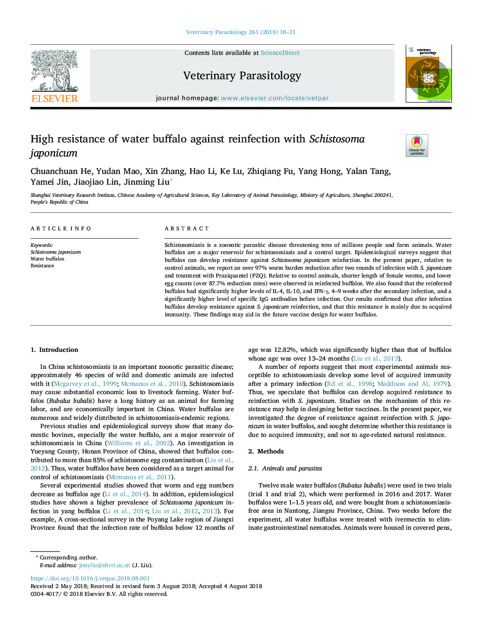 High resistance of water buffalo against reinfection with Schistosoma japonicum