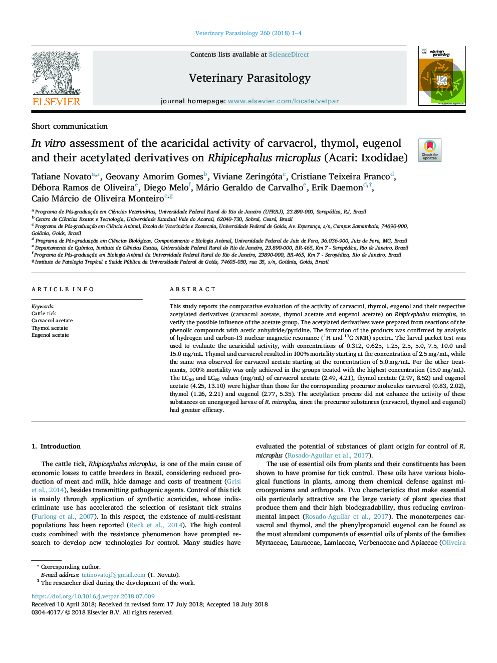 In vitro assessment of the acaricidal activity of carvacrol, thymol, eugenol and their acetylated derivatives on Rhipicephalus microplus (Acari: Ixodidae)