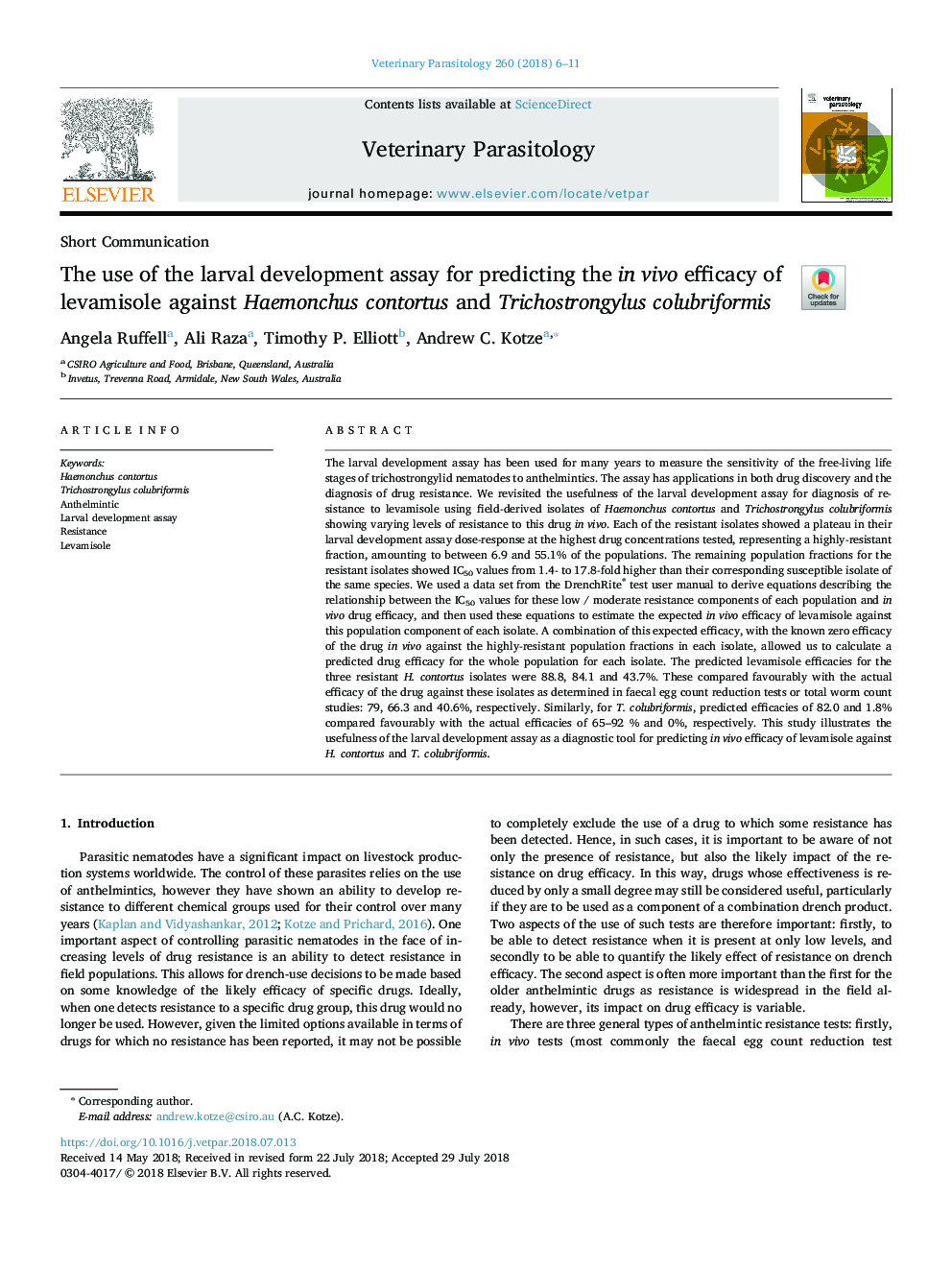 The use of the larval development assay for predicting the in vivo efficacy of levamisole against Haemonchus contortus and Trichostrongylus colubriformis