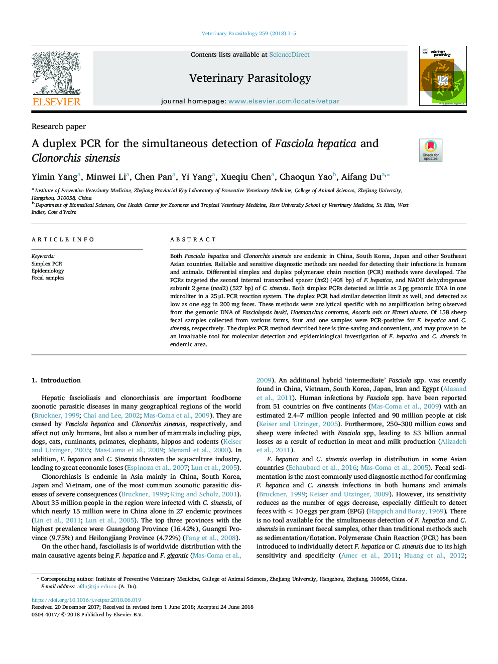 A duplex PCR for the simultaneous detection of Fasciola hepatica and Clonorchis sinensis