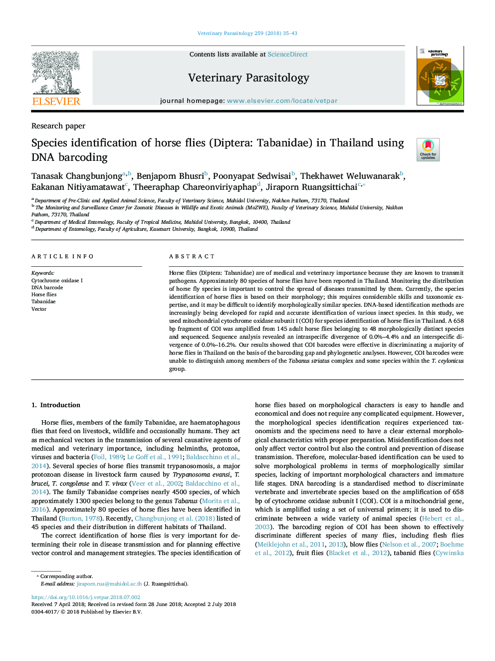 Species identification of horse flies (Diptera: Tabanidae) in Thailand using DNA barcoding