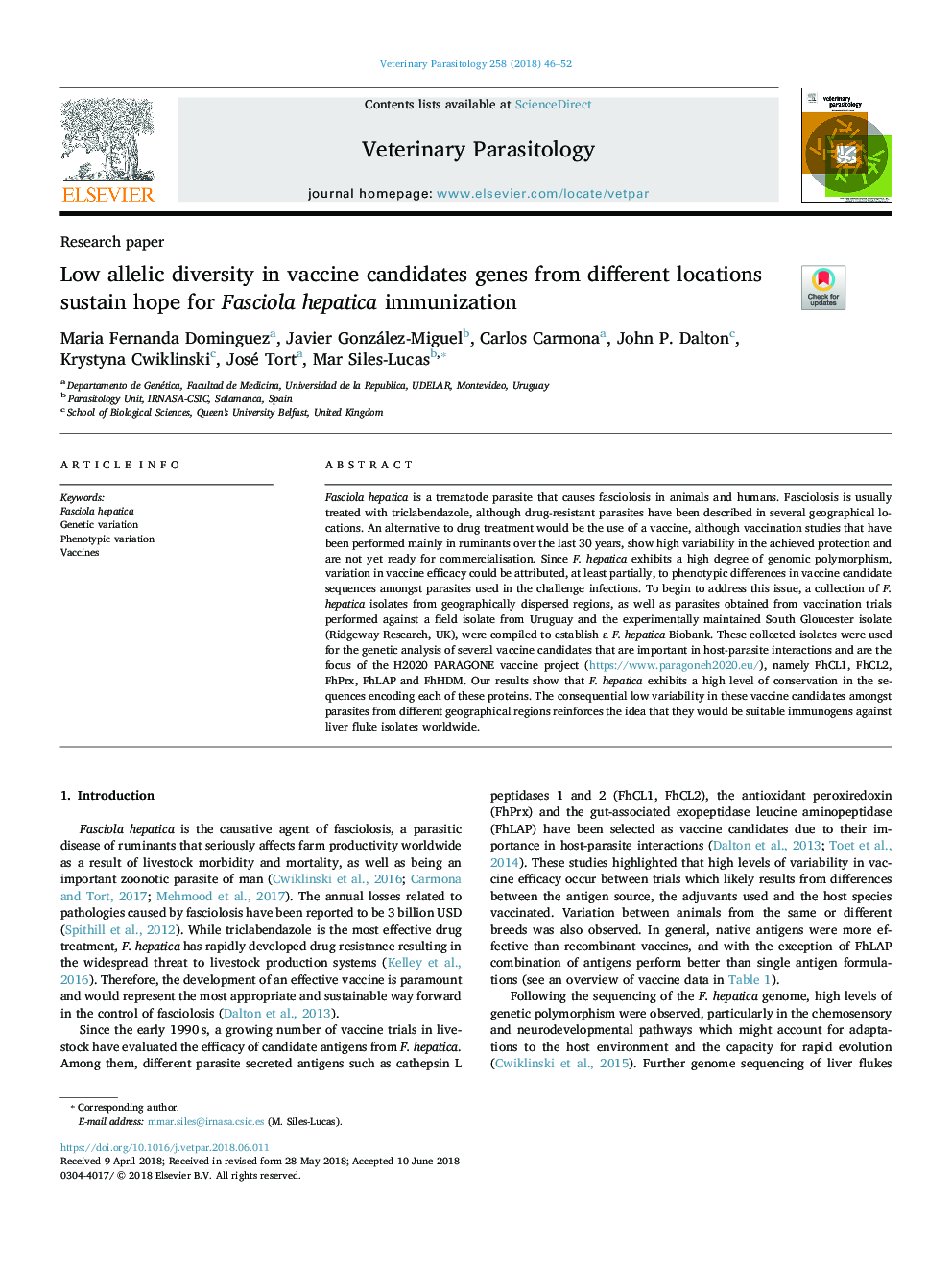 عکس صفحه اول مقاله: Low allelic diversity in vaccine candidates genes from different locations sustain hope for Fasciola hepatica immunization Low allelic diversity in vaccine candidates genes from different locations sustain hope for Fasciola hepatica immunization