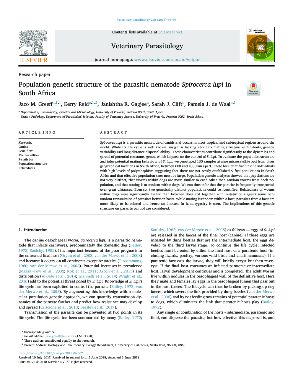 Population genetic structure of the parasitic nematode Spirocerca lupi in South Africa