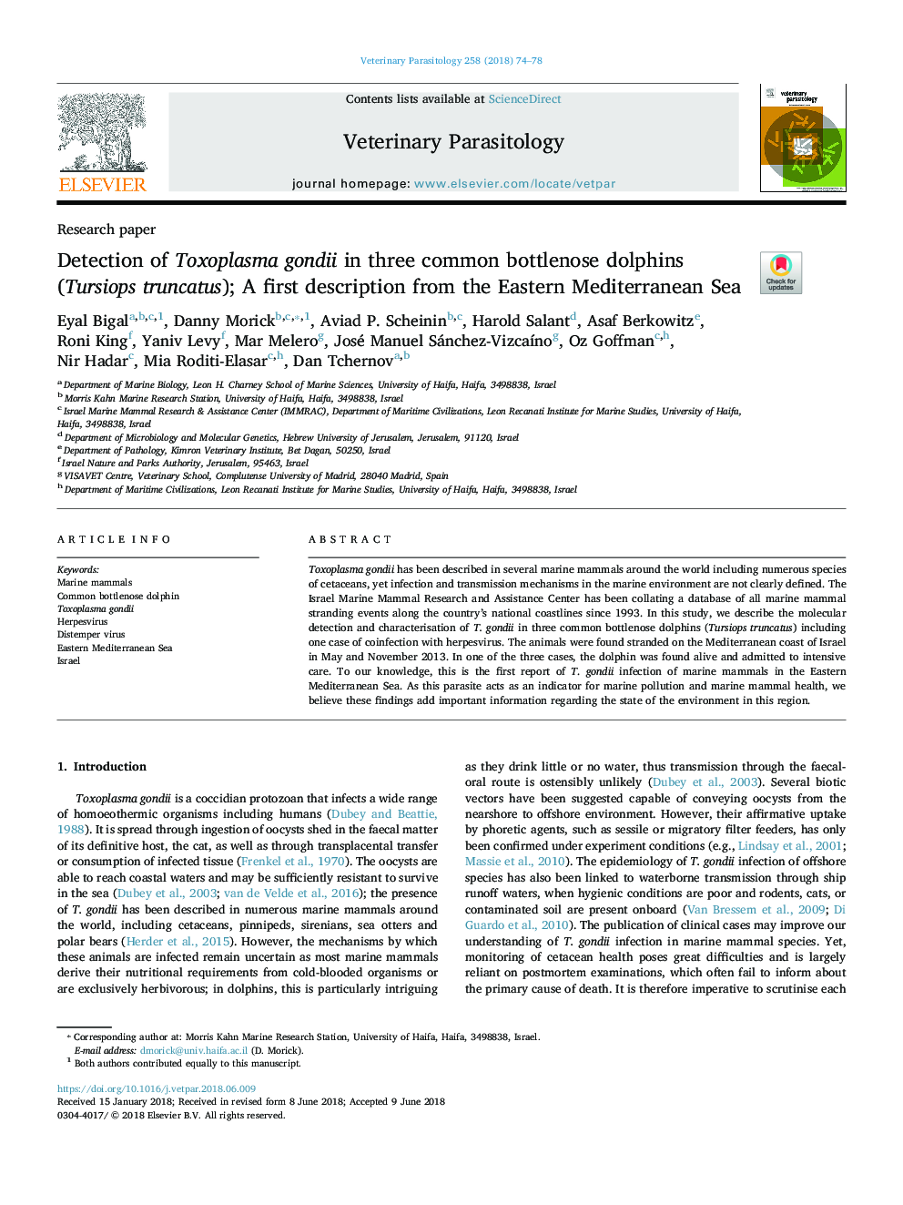 Detection of Toxoplasma gondii in three common bottlenose dolphins (Tursiops truncatus); A first description from the Eastern Mediterranean Sea