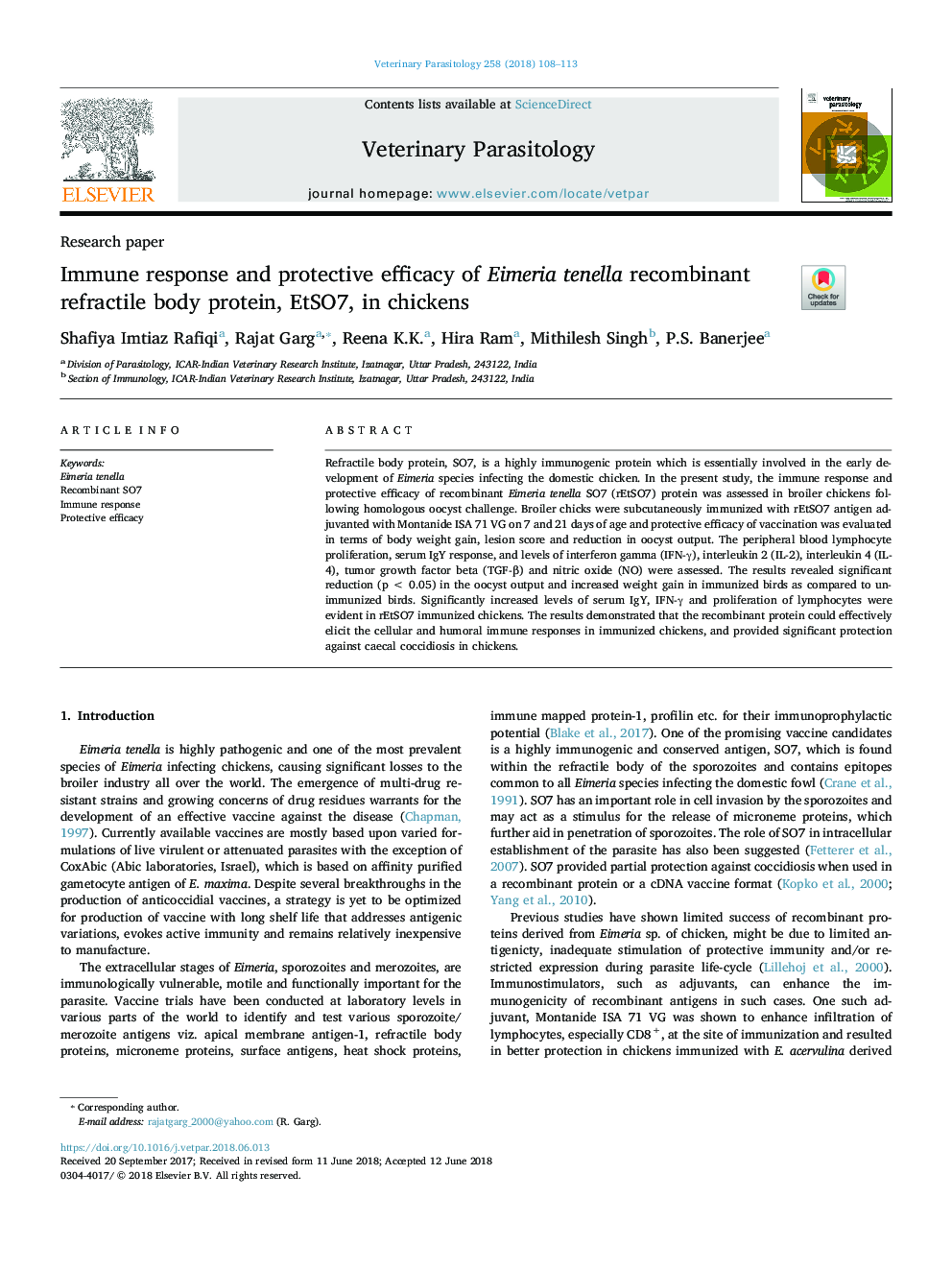 Immune response and protective efficacy of Eimeria tenella recombinant refractile body protein, EtSO7, in chickens