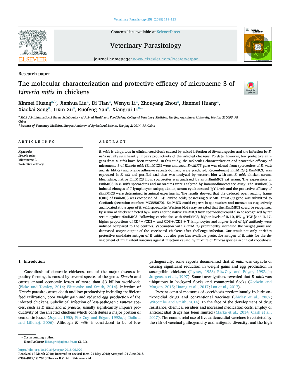 The molecular characterization and protective efficacy of microneme 3 of Eimeria mitis in chickens