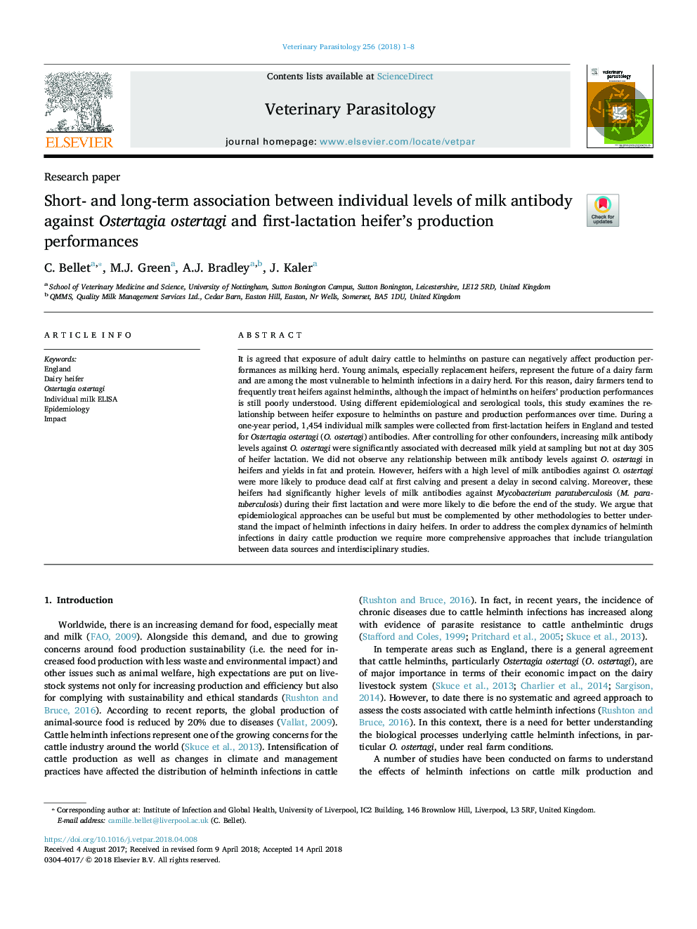 Short- and long-term association between individual levels of milk antibody against Ostertagia ostertagi and first-lactation heifer's production performances