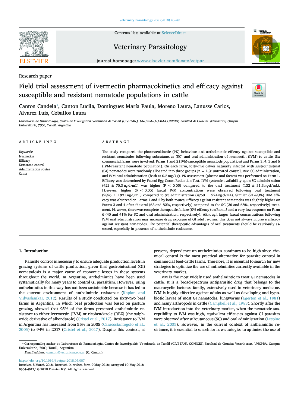 Field trial assessment of ivermectin pharmacokinetics and efficacy against susceptible and resistant nematode populations in cattle