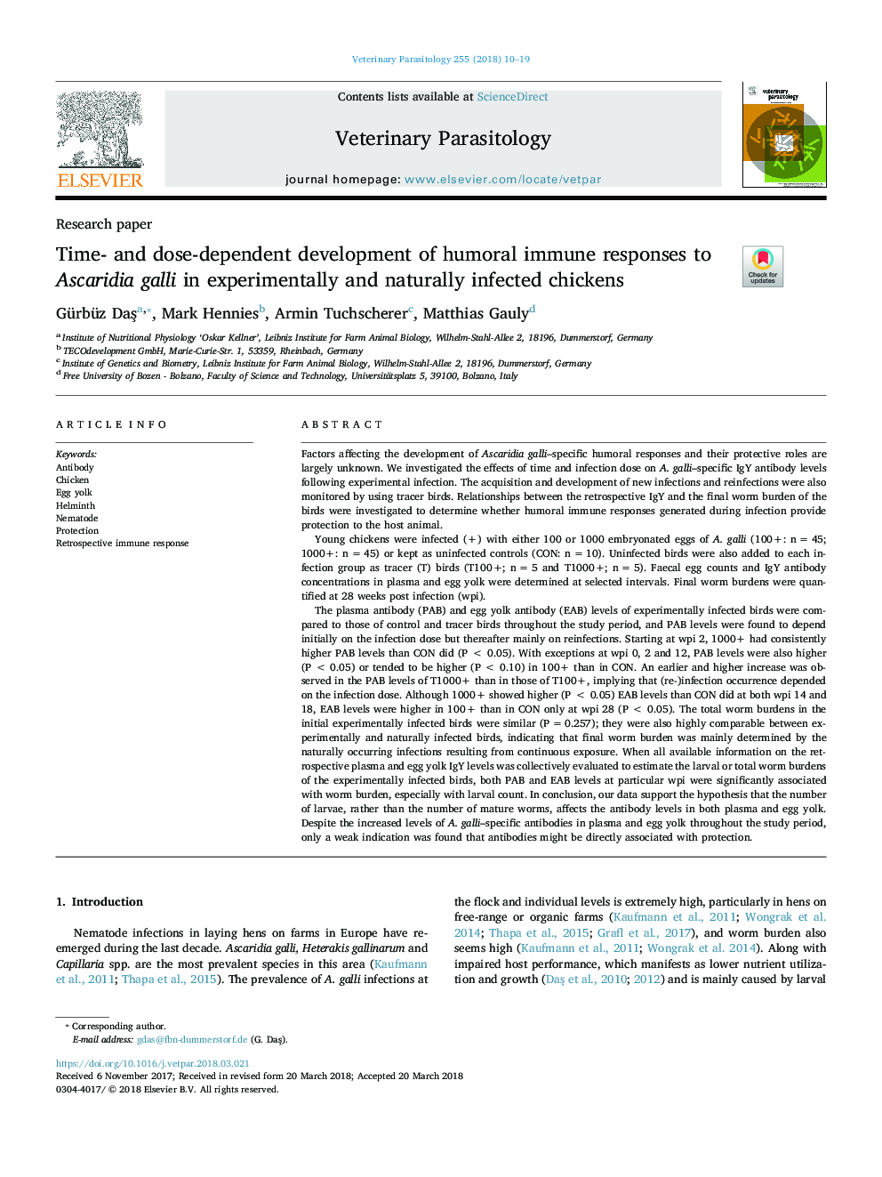 Time- and dose-dependent development of humoral immune responses to Ascaridia galli in experimentally and naturally infected chickens