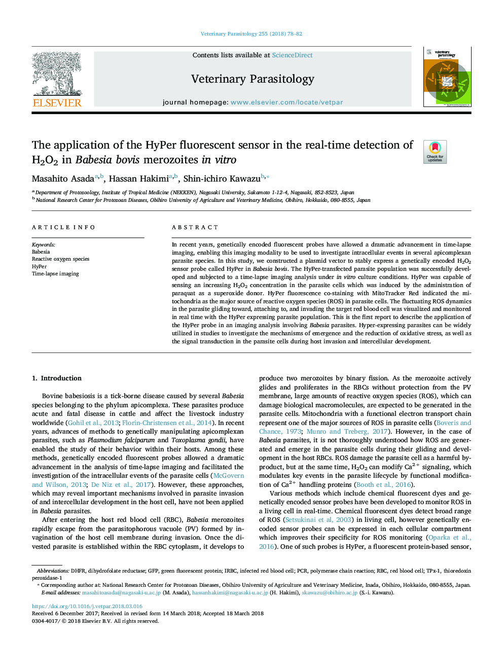 The application of the HyPer fluorescent sensor in the real-time detection of H2O2 in Babesia bovis merozoites in vitro