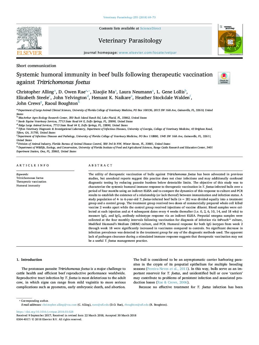 Systemic humoral immunity in beef bulls following therapeutic vaccination against Tritrichomonas foetus