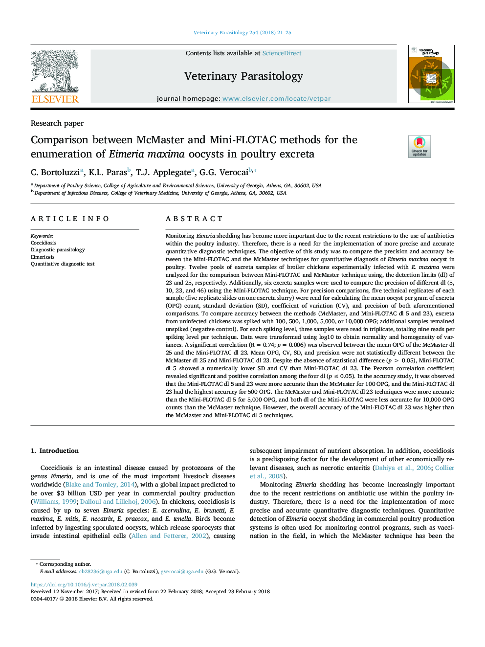 Comparison between McMaster and Mini-FLOTAC methods for the enumeration of Eimeria maxima oocysts in poultry excreta