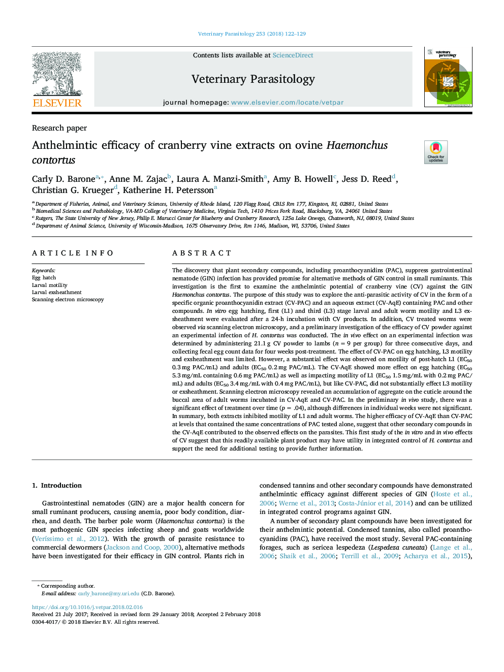 Anthelmintic efficacy of cranberry vine extracts on ovine Haemonchus contortus