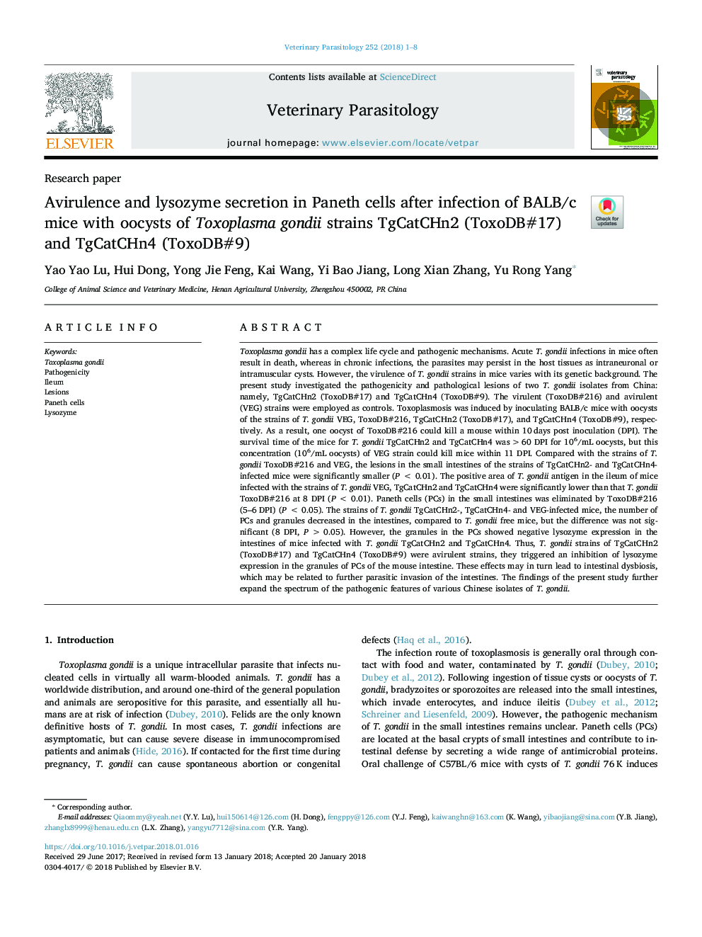 Avirulence and lysozyme secretion in Paneth cells after infection of BALB/c mice with oocysts of Toxoplasma gondii strains TgCatCHn2 (ToxoDB#17) and TgCatCHn4 (ToxoDB#9)