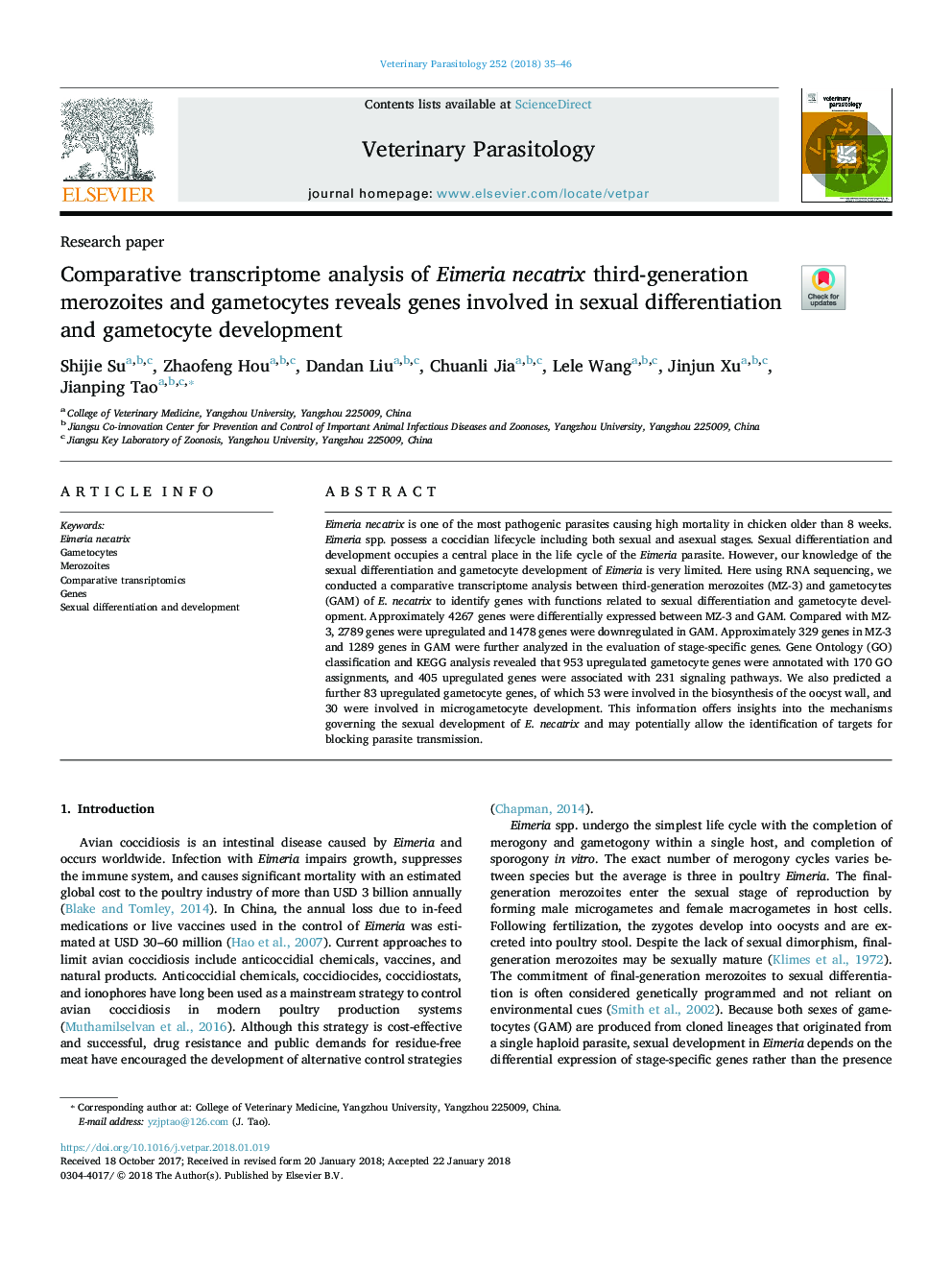 Comparative transcriptome analysis of Eimeria necatrix third-generation merozoites and gametocytes reveals genes involved in sexual differentiation and gametocyte development