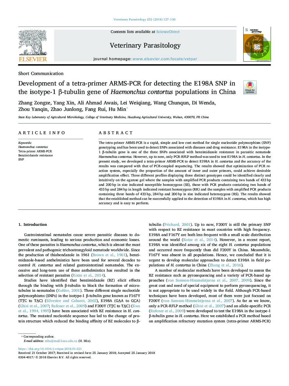 Development of a tetra-primer ARMS-PCR for detecting the E198A SNP in the isotype-1 Î²-tubulin gene of Haemonchus contortus populations in China