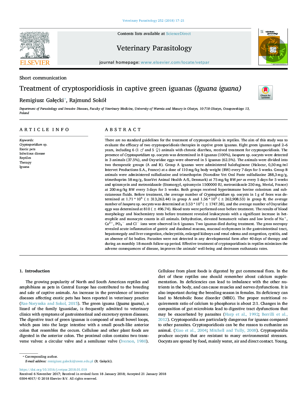 Treatment of cryptosporidiosis in captive green iguanas (Iguana iguana)