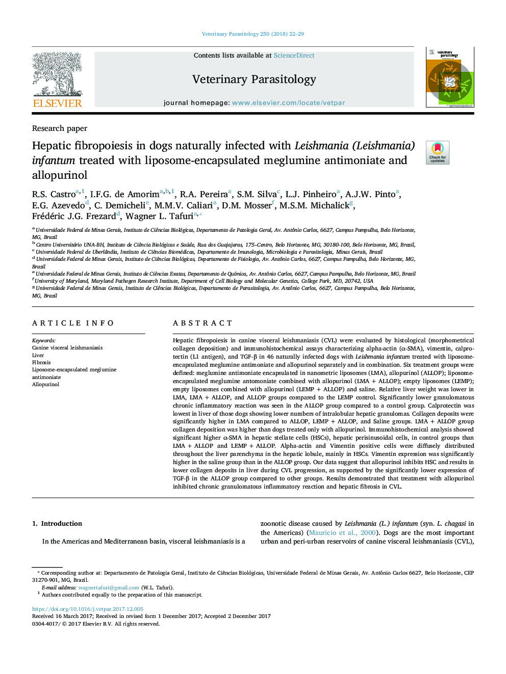 Hepatic fibropoiesis in dogs naturally infected with Leishmania (Leishmania) infantum treated with liposome-encapsulated meglumine antimoniate and allopurinol