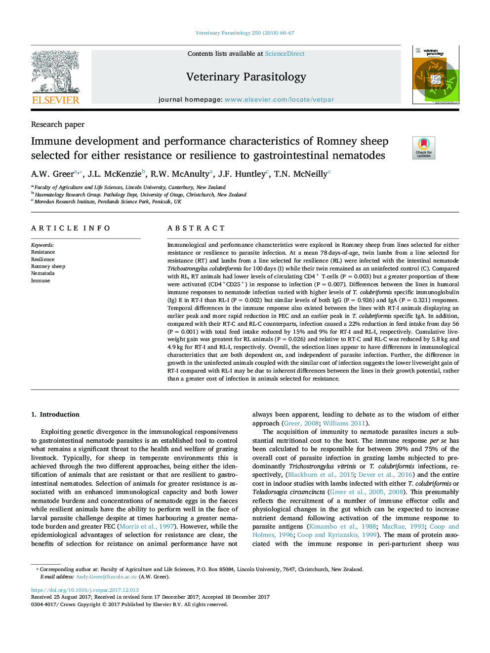 Immune development and performance characteristics of Romney sheep selected for either resistance or resilience to gastrointestinal nematodes