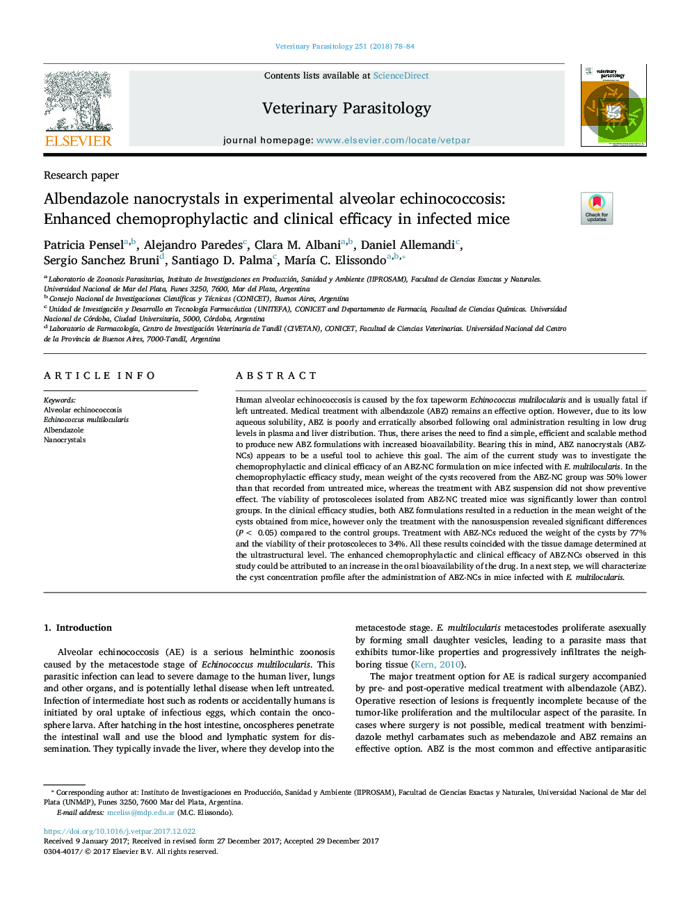 نانوکریستال آلبندازول در اکینوکوکوز آلوئولر تجربی: بهبود شیمی درمانی و اثربخشی بالینی در موشهای آلوده 