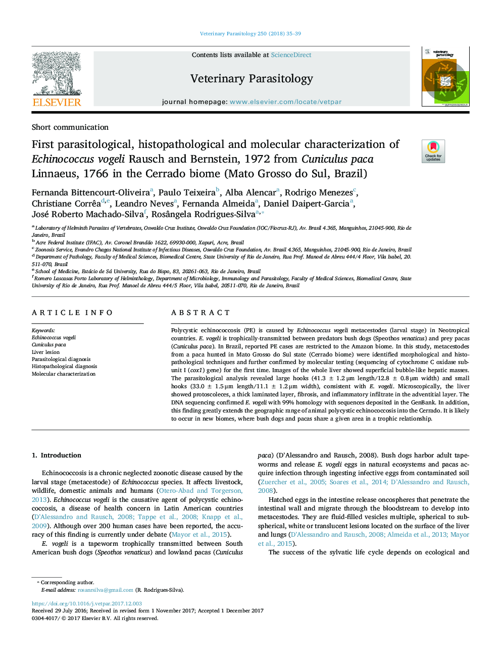 First parasitological, histopathological and molecular characterization of Echinococcus vogeli Rausch and Bernstein, 1972 from Cuniculus paca Linnaeus, 1766 in the Cerrado biome (Mato Grosso do Sul, Brazil)