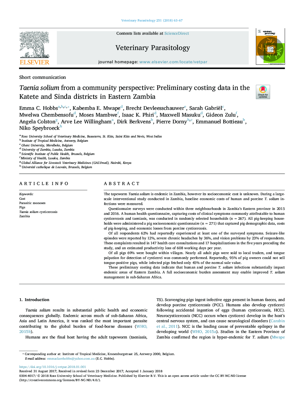 Taenia solium from a community perspective: Preliminary costing data in the Katete and Sinda districts in Eastern Zambia