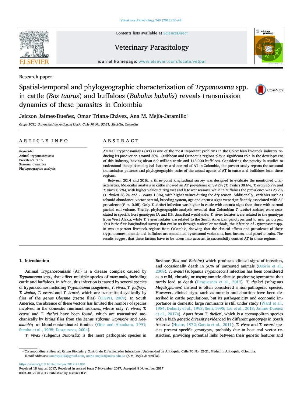 Spatial-temporal and phylogeographic characterization of Trypanosoma spp. in cattle (Bos taurus) and buffaloes (Bubalus bubalis) reveals transmission dynamics of these parasites in Colombia
