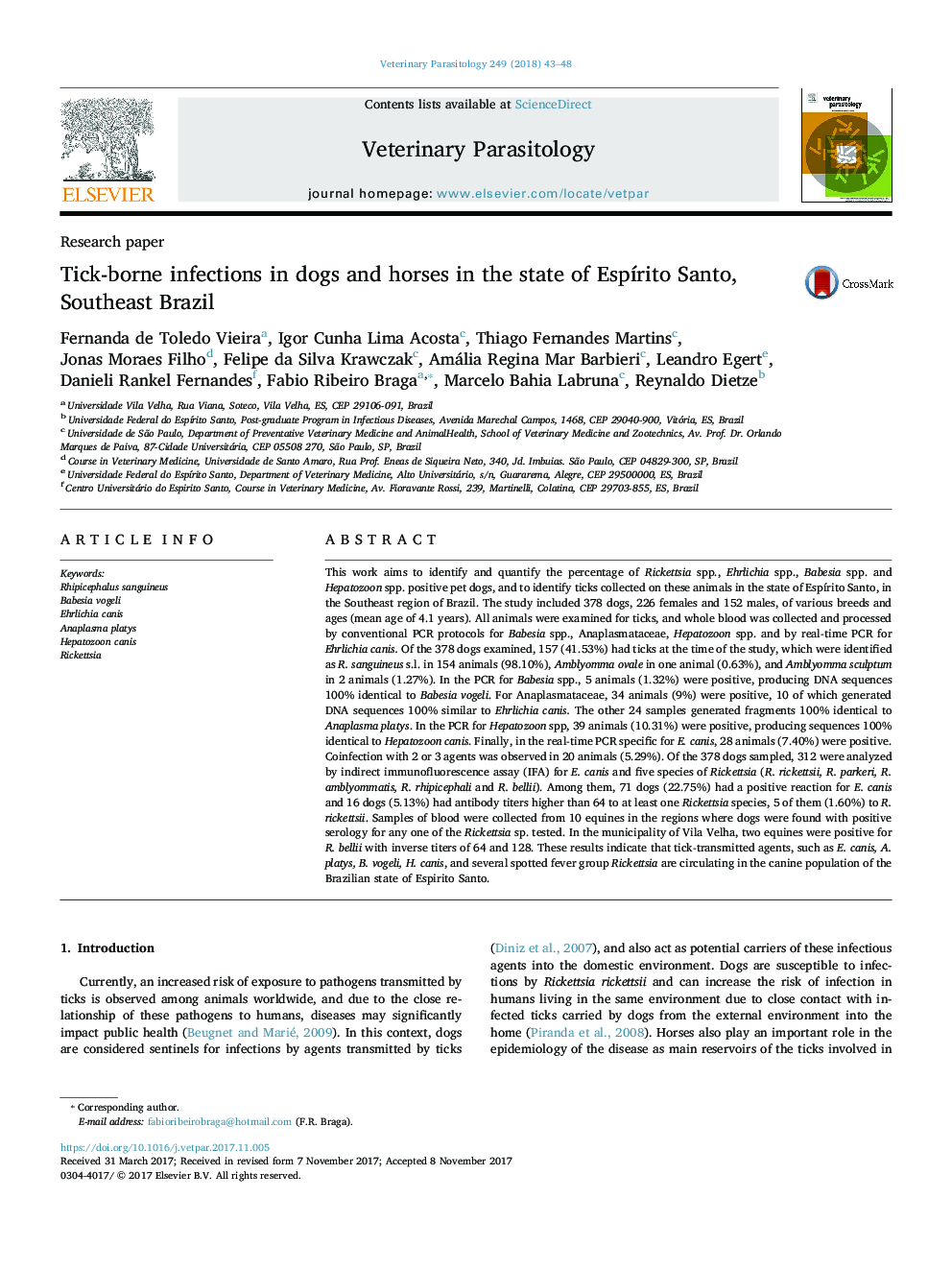 Tick-borne infections in dogs and horses in the state of EspÃ­rito Santo, Southeast Brazil