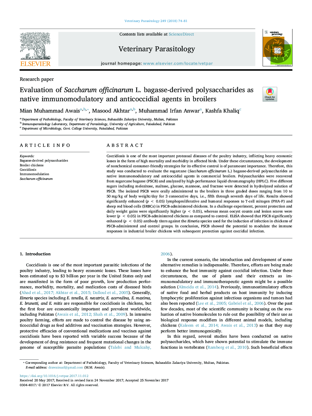 Evaluation of Saccharum officinarum L. bagasse-derived polysaccharides as native immunomodulatory and anticoccidial agents in broilers