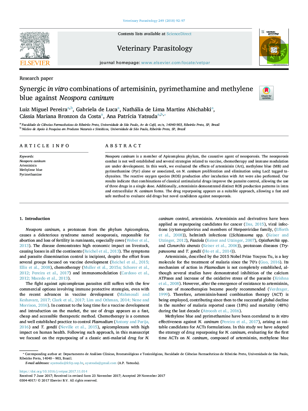 Synergic in vitro combinations of artemisinin, pyrimethamine and methylene blue against Neospora caninum