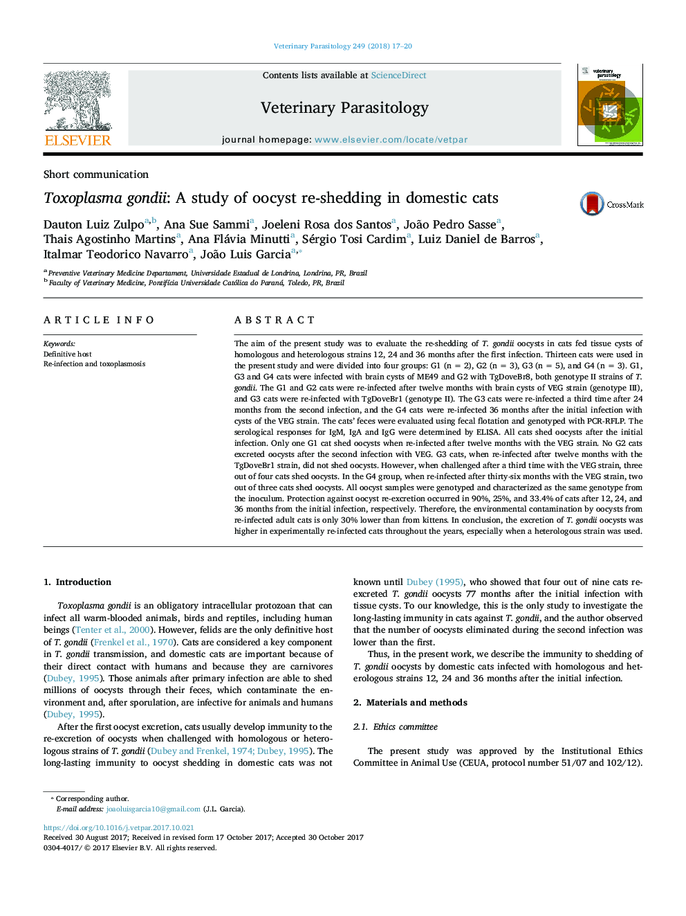 Toxoplasma gondii: A study of oocyst re-shedding in domestic cats