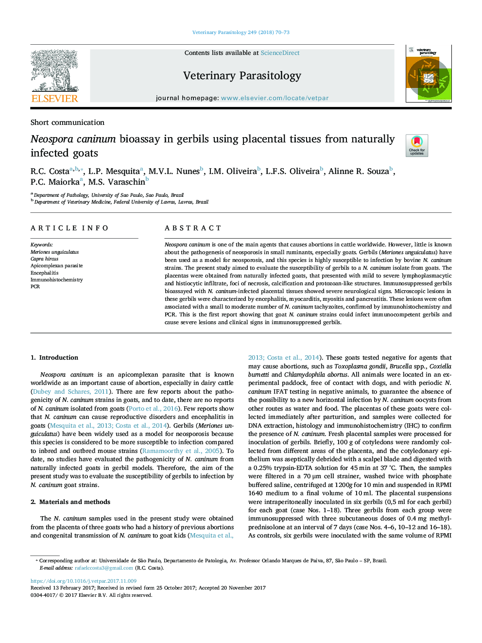 Neospora caninum bioassay in gerbils using placental tissues from naturally infected goats