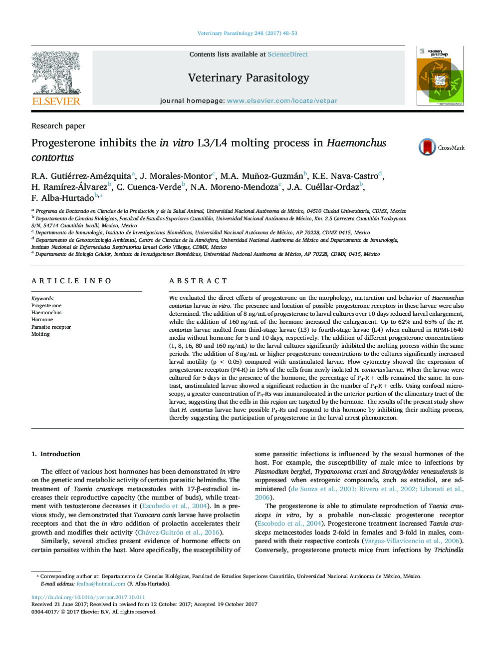 Progesterone inhibits the in vitro L3/L4 molting process in Haemonchus contortus