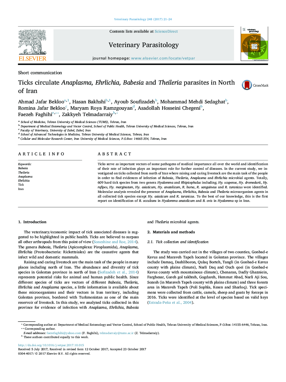 Ticks circulate Anaplasma, Ehrlichia, Babesia and Theileria parasites in North of Iran