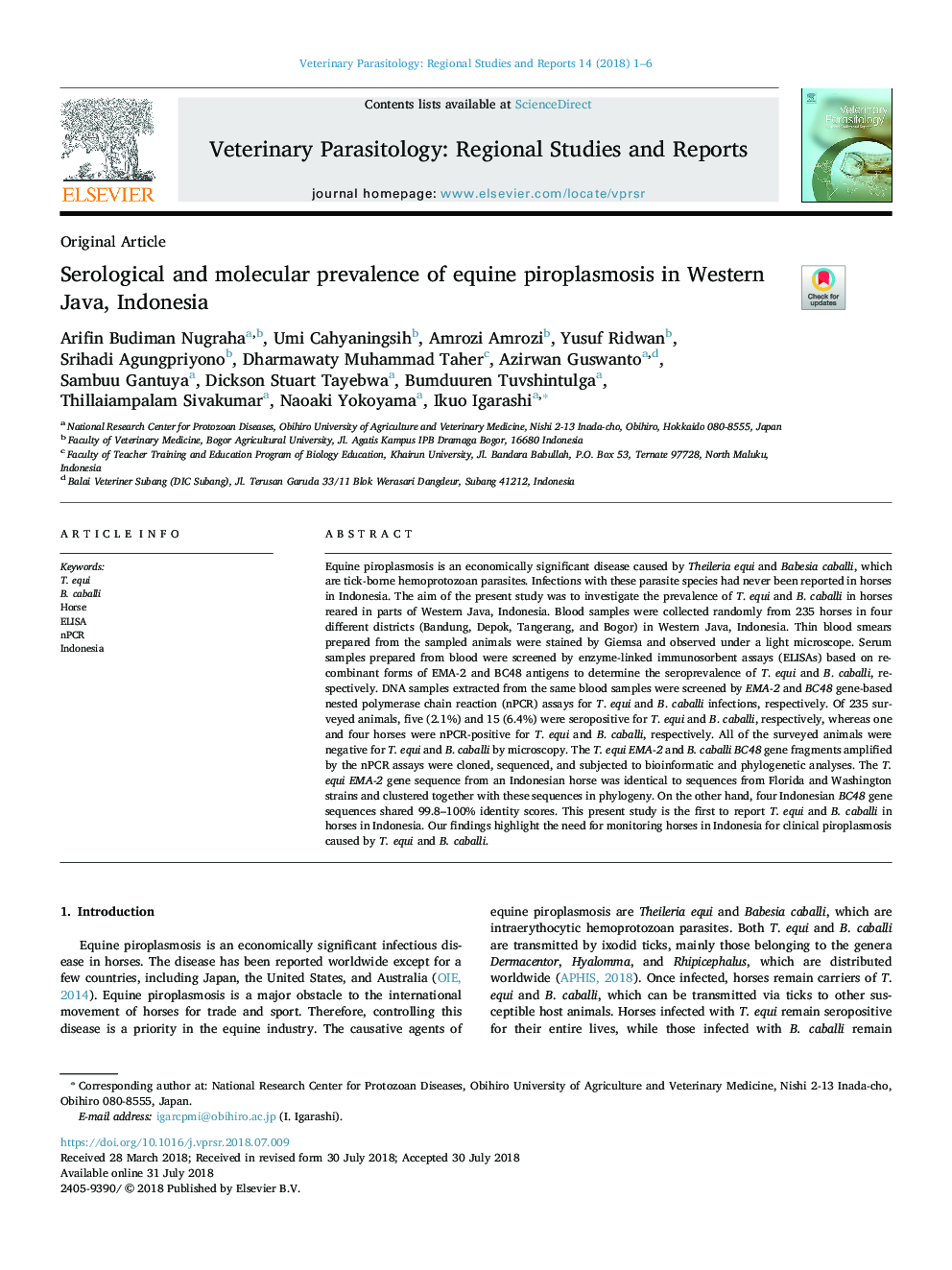 Serological and molecular prevalence of equine piroplasmosis in Western Java, Indonesia