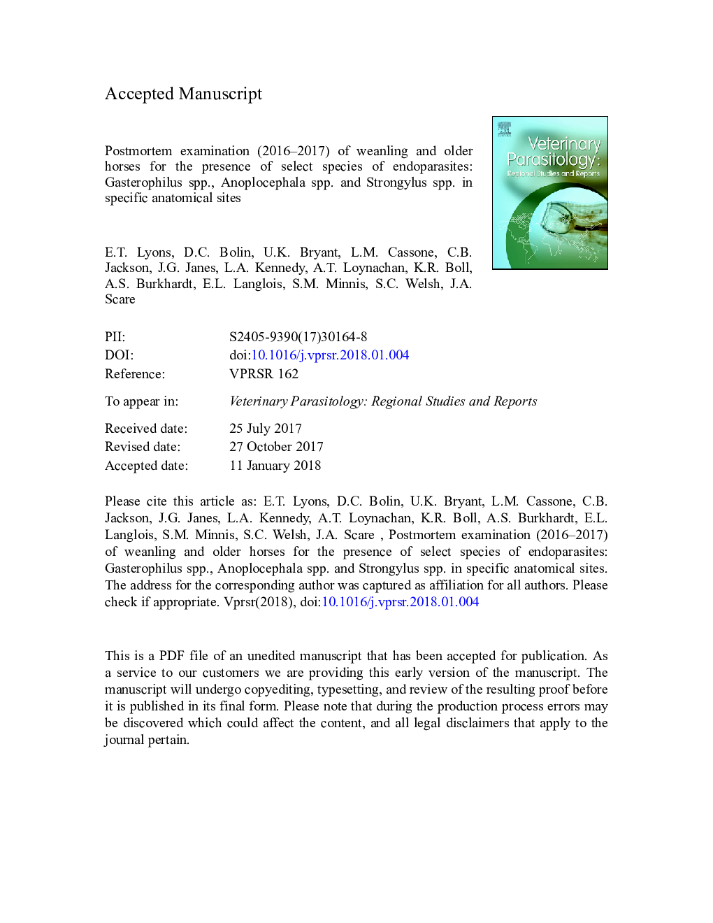 عکس صفحه اول مقاله: Postmortem examination (2016-2017) of weanling and older horses for the presence of select species of endoparasites: Gasterophilus spp., Anoplocephala spp. and Strongylus spp. in specific anatomical sites Postmortem examination (2016-2017) of weanling and older horses for the presence of select species of endoparasites: Gasterophilus spp., Anoplocephala spp. and Strongylus spp. in specific anatomical sites