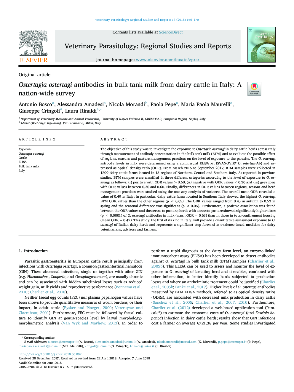 Ostertagia ostertagi antibodies in bulk tank milk from dairy cattle in Italy: A nation-wide survey