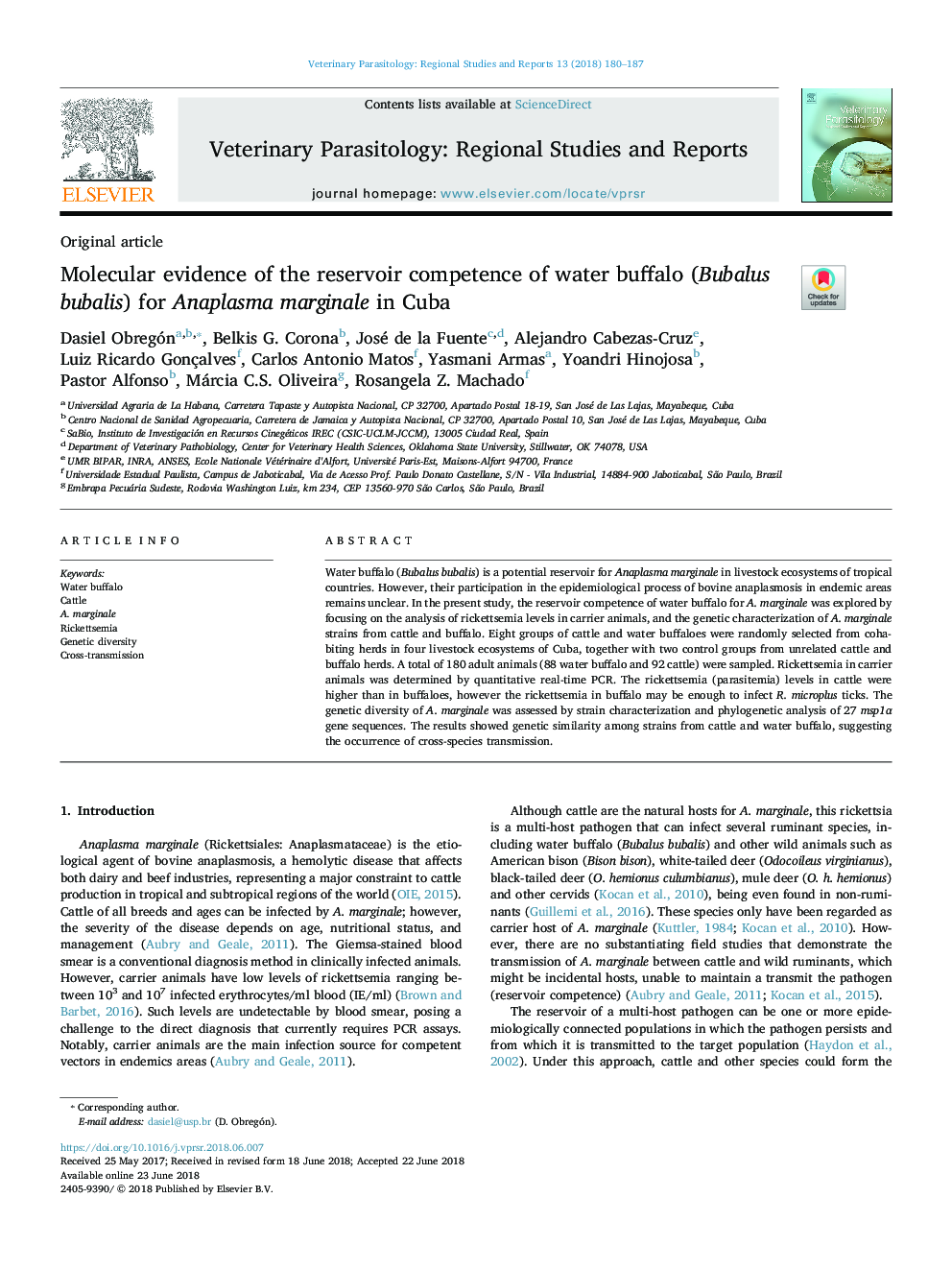 Molecular evidence of the reservoir competence of water buffalo (Bubalus bubalis) for Anaplasma marginale in Cuba