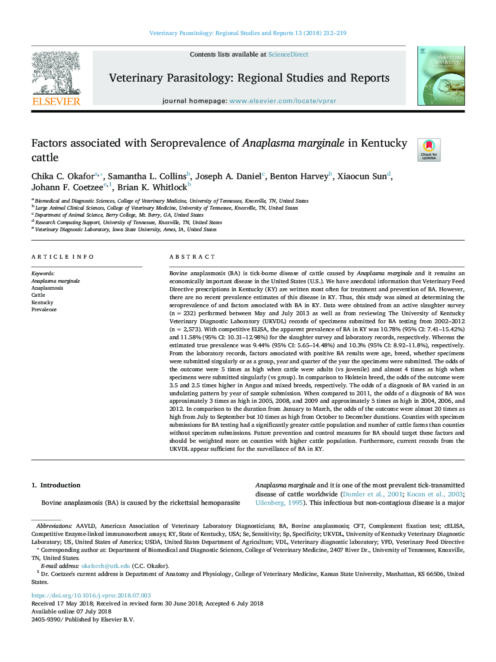 Factors associated with Seroprevalence of Anaplasma marginale in Kentucky cattle