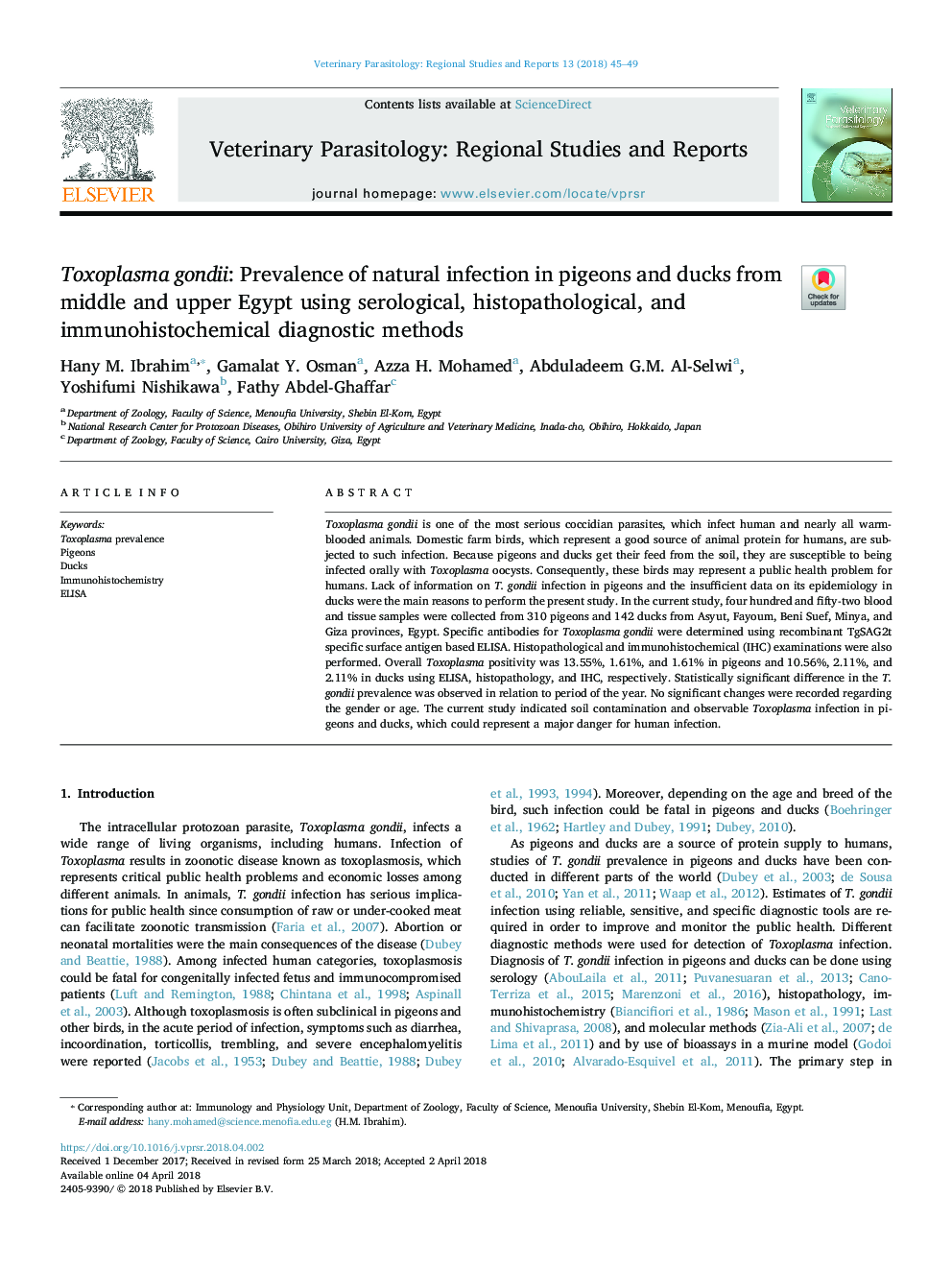 Toxoplasma gondii: Prevalence of natural infection in pigeons and ducks from middle and upper Egypt using serological, histopathological, and immunohistochemical diagnostic methods