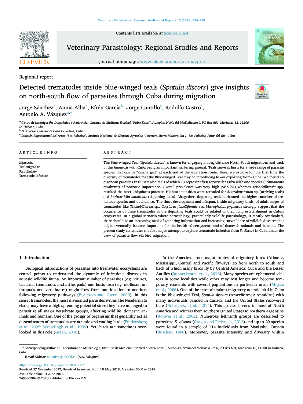 Detected trematodes inside blue-winged teals (Spatula discors) give insights on north-south flow of parasites through Cuba during migration