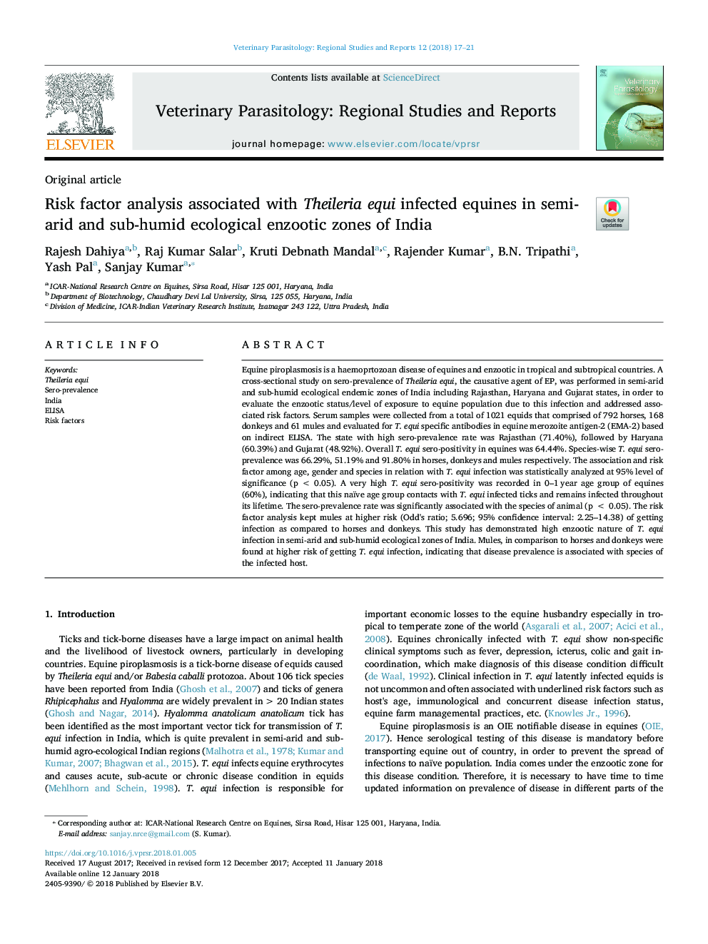 Risk factor analysis associated with Theileria equi infected equines in semi-arid and sub-humid ecological enzootic zones of India